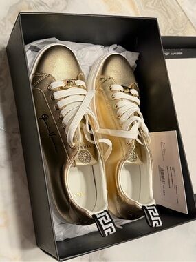 NEW Versace Gold Metallic Low-Top Sneakers with White Laces